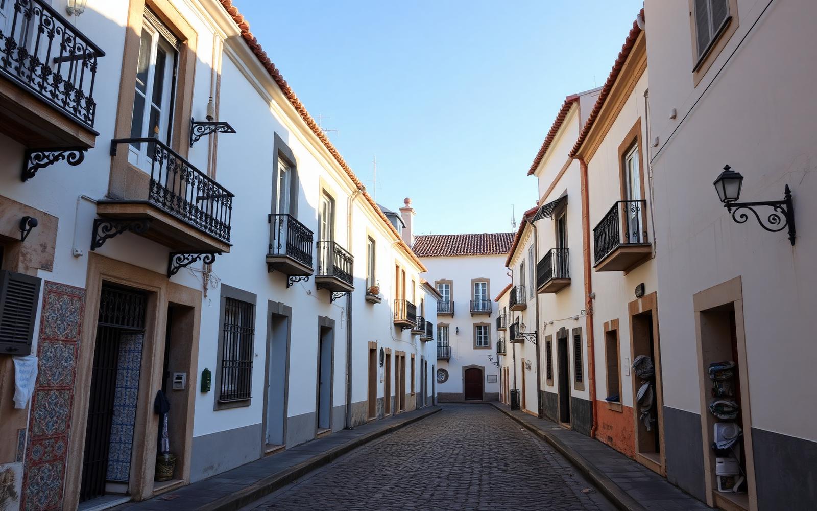 Rua calcetada no centro histórico de uma vila do litoral norte
