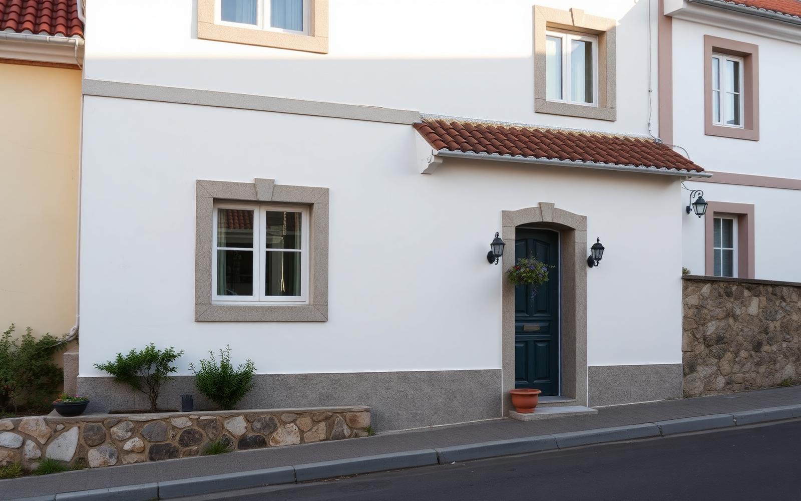 Fachada de casa portuguesa com cantaria em granito e muro de pedra